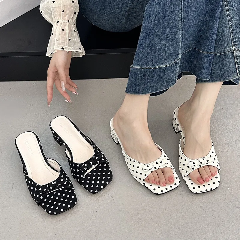 Gladiator Women Polka Dot Slippers 2026 Summer Holiday Thick Heel Mules Shoes Elegant Butterfly-knot Vacation Dress Sandalias