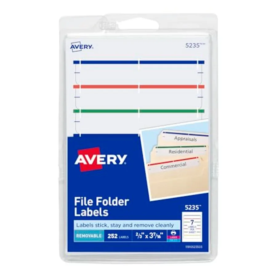 

File Folder Labels on 4 x 6 Sheets Removable Adhesive Assorted 2/3 x 3-7/16 252 Labels 5235