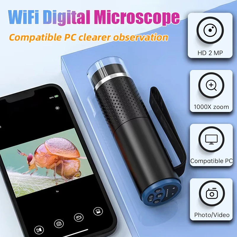 

Цифровой электронный микроскоп с Wi-Fi, 50X-1000X, портативный, 200 МП, с зарядкой Type-C, регулируемой LED-подсветкой, карманный, ручной, USB-микроскоп