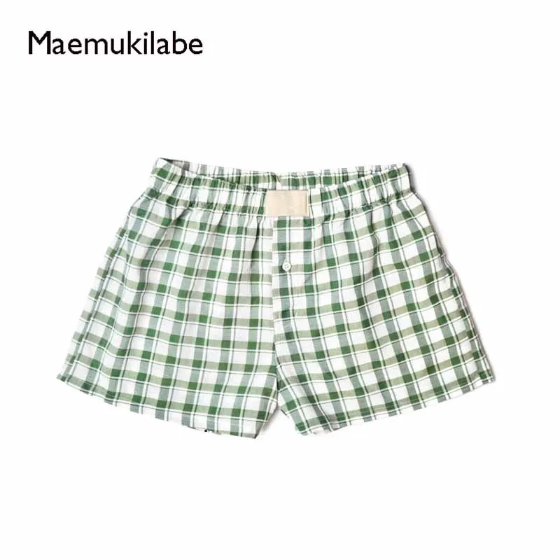 Maemukilabe Plaid Patterm Lounge Boyshorts Casual Elastic Waist Loose Pants 2000s Retro Y2K Women Vintage Pajams  Shorts Bottoms