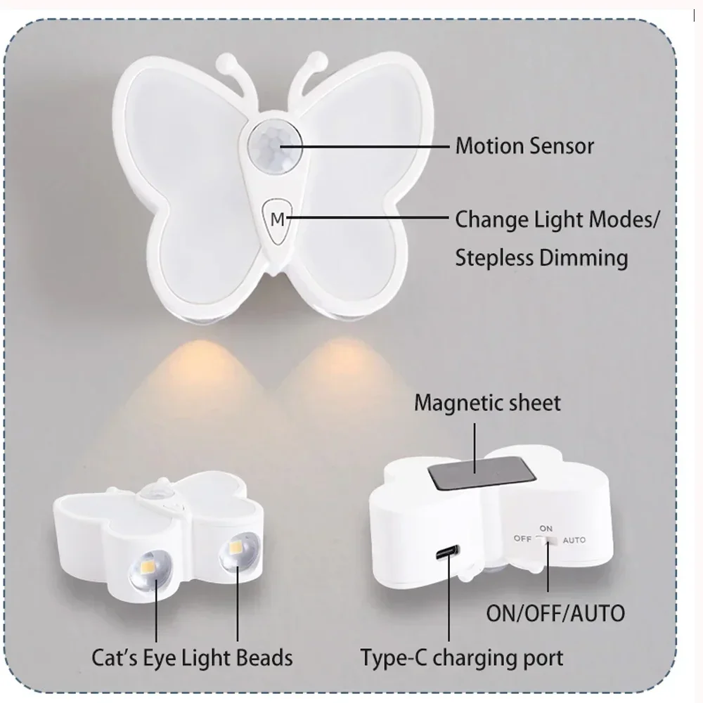 Butterfly Motion Sensor Night Light Wireless LED Night Light Rechargeable Light Cabinet for Wardrobe Lamp Staircase Backlight