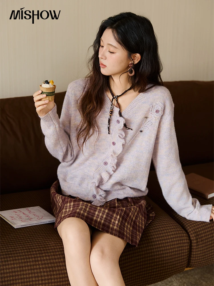 

MISHOW вязаный кардиган женский, осень 2022, кардиган во французском стиле с цветочной вышивкой и v-образным вырезом, роскошный топ с длинными рукавами MXE47Z2498