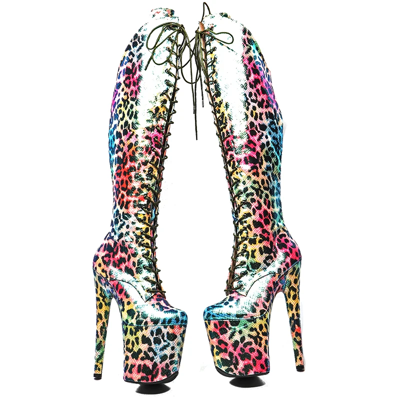 Leecabe 20CM/8Inch Shinny Leopard  colorful   Women's Platform   party High Heels Shoes Pole Dancing boot