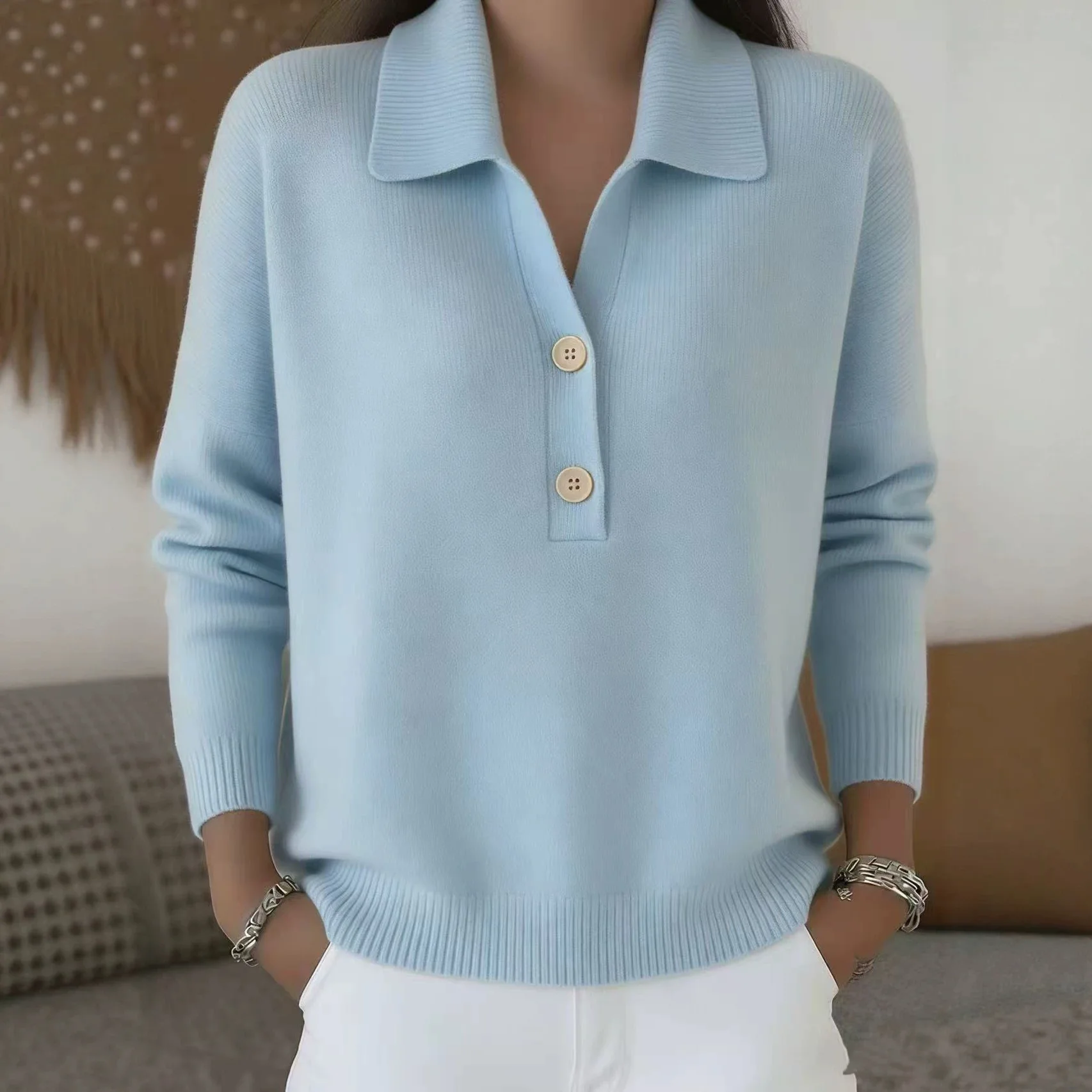 Women Polo Collar Half Button Knit Sweater Long Sleeve Solid Color Loose Casual Basic Soft Pullover Daily Office Knit Sweater