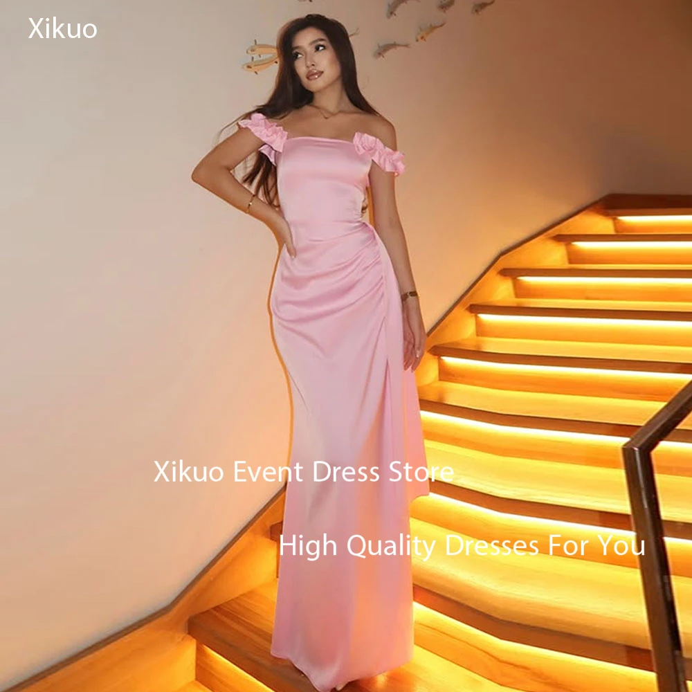 シクオ エレガント ピンク サテン レディース イブニングドレス オフショルダー ロング マーメイド プリーツ プロム パーティー ドレス カスタムメイド