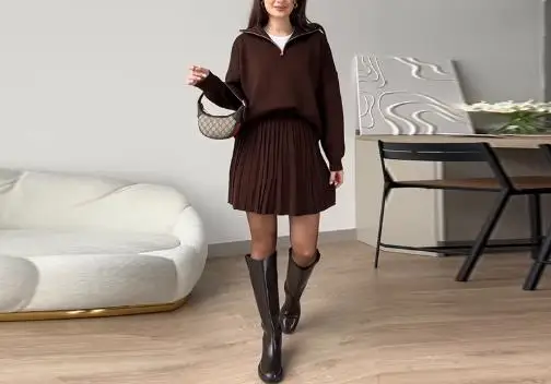 

Women's Fashion Skirt Set 2025 Latest Hot Selling Style Elegant New Chic Minimalist Zipper Collar Solid Color Folded Skirt Set