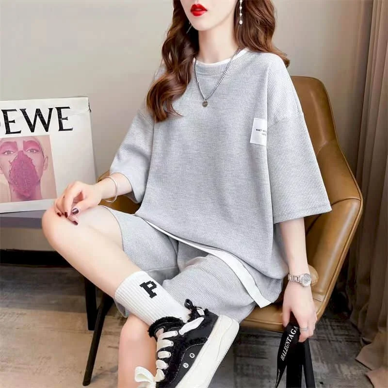 Sporty Shorts Set Half Sleeve T-shirt 2 Piece Sets Women Outfits Summer Sportswear Suits Loose Korean Style Waffle Pants Sets