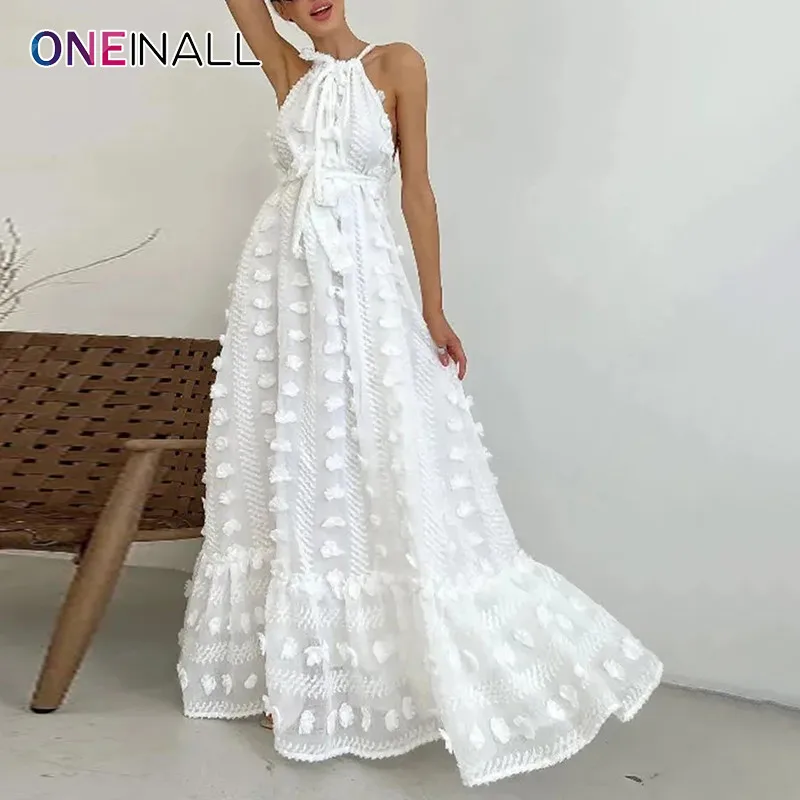 

ONEINALL Patchwork Appliques Dress For Women Halter Sleeveless Backless High Waist Temperament Long Dress Female Summer New 2024