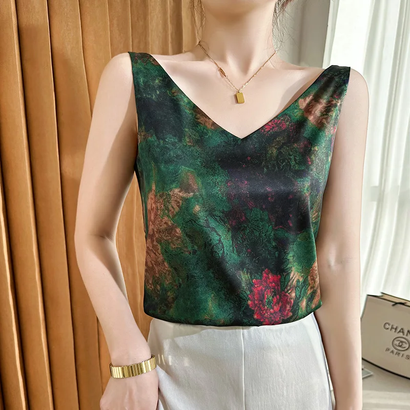 2023 Summer Women\'s Real Silk Double Shoulder Strap Seamless Top High Temperature Printed Sleeveless Sexy V-Neck T-Shirt Overlay