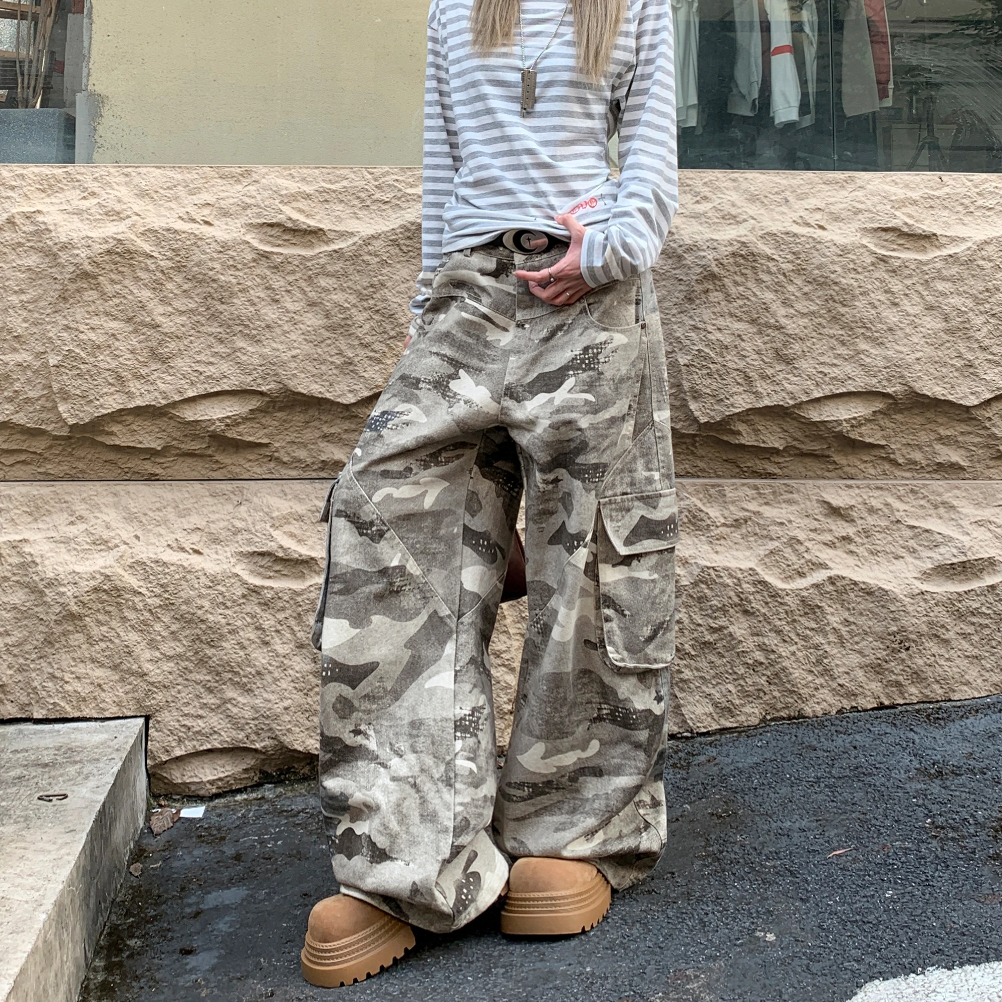 

Крутые американские камуфляжные рабочие брюки в стиле ретро, свободные широкие брюки в стиле хип-хоп, прямые брюки длиной до пола для мужчин и женщин
