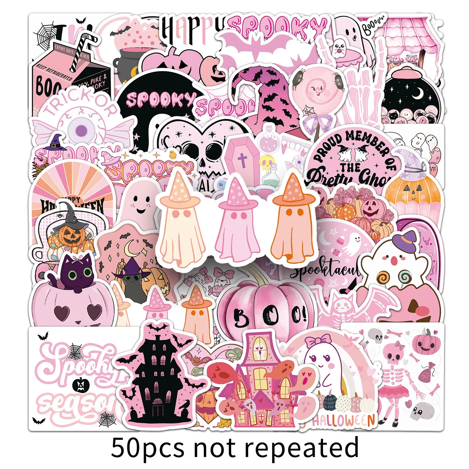 50Pcs Halloween Cute Spooky Cartoon Stickers Pumpkin Ghost Bat Decals for Kids Halloween Gifts Party Favors DIY Party Decoration