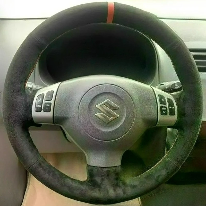For Suzuki SX4 Alto Old Swift Opel Agila Hand Stitchedred Genuine Leather non-slip black suede Car Steering Wheel Cover