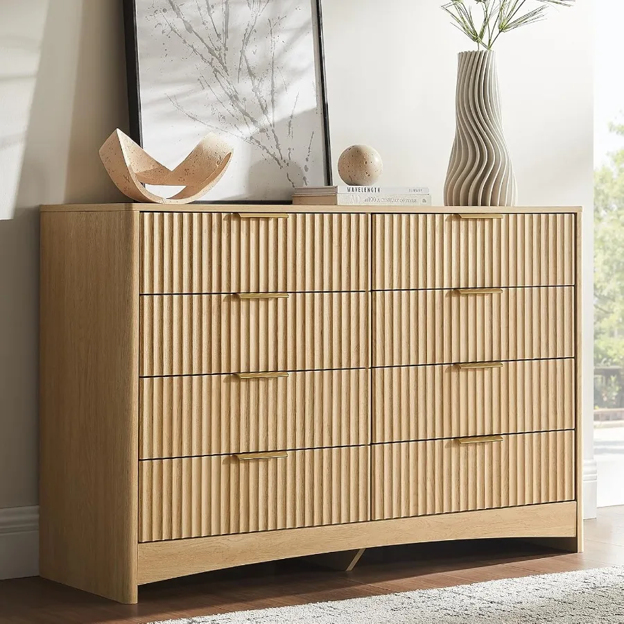 Amada Modern 8 Drawer Dresser Fluted Wood Chest of Drawers with Rounded Corners PreInstalled Drawer Slides Dresser TV Stand and