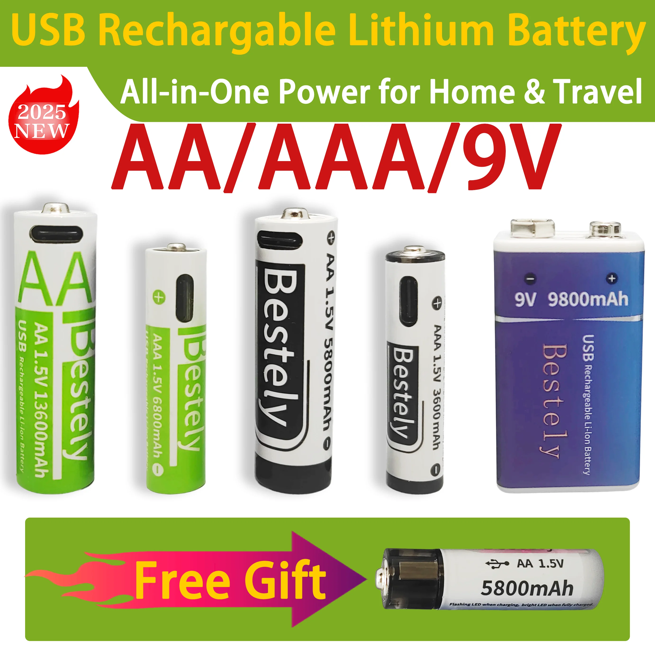 Nouveau 1.5V AA AAA 9V batterie Rechargeable au Lithium haute capacité charge rapide Li-ion Batteries longue durée 2000 Cycle avec USB-C