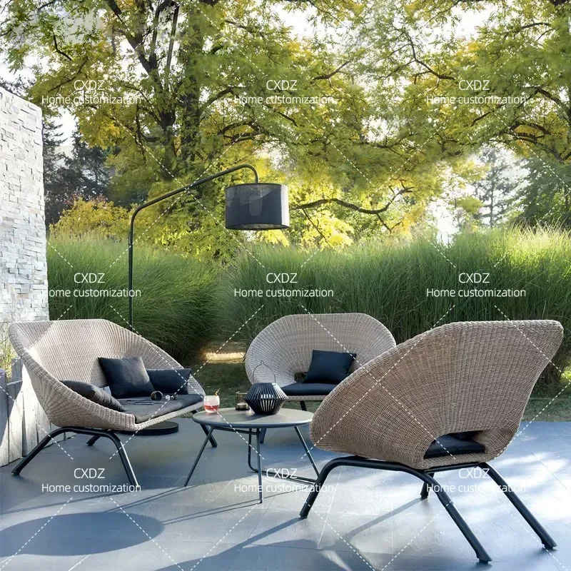 Outdoor Rattan Chair Sofa Set with Coffee Table 3 Piece Patio Furniture for Courtyard Balcony Sunroom Villa Nordic Style