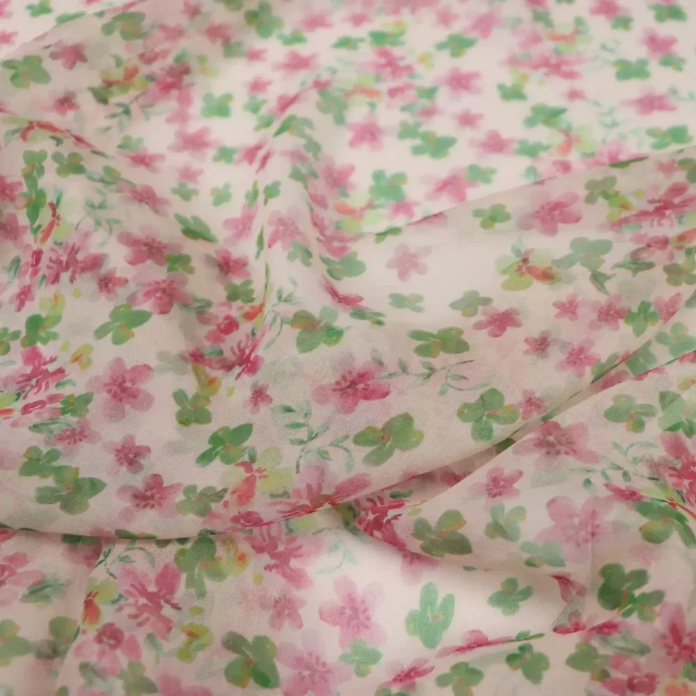 Small Pink Flower Design Digital Printing Relaxing Pure Silk Georgette Fabric for Women Lady Holiday Dresses Skirt Saree Clothes