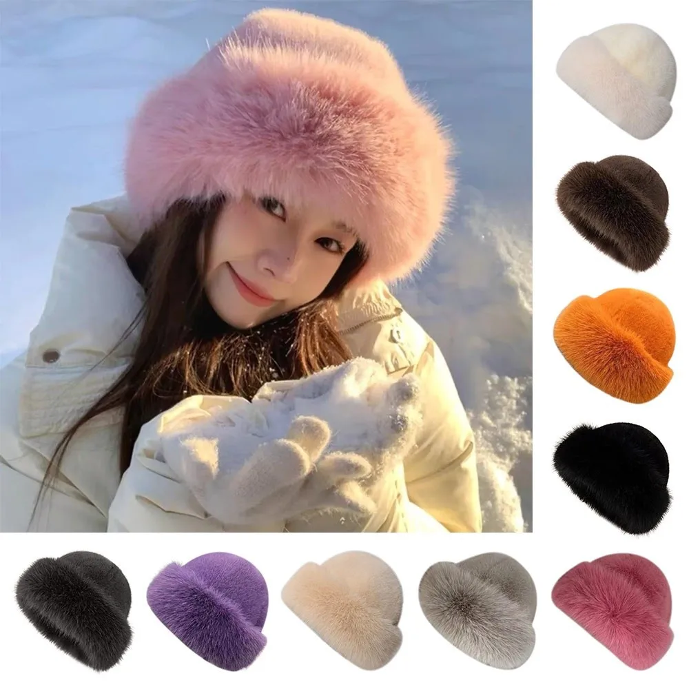 New Fluffy Fur Winter Hat Solid Color Thicken Bucket Hat Cold Windproof Berets Chrismas Gifts