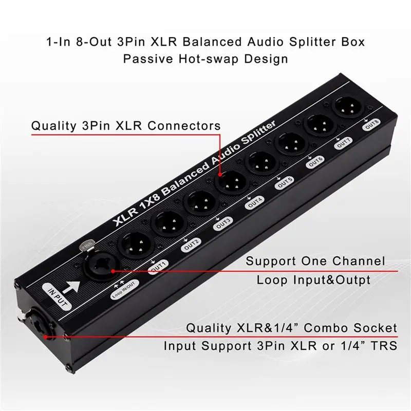 DTB7 2X XLR 1x8 Balanced Audio Splitter, 1 in 8 Out 3 Pin XLR Audio Signal Splitter Box, Compact Aluminum Alloy for Stage