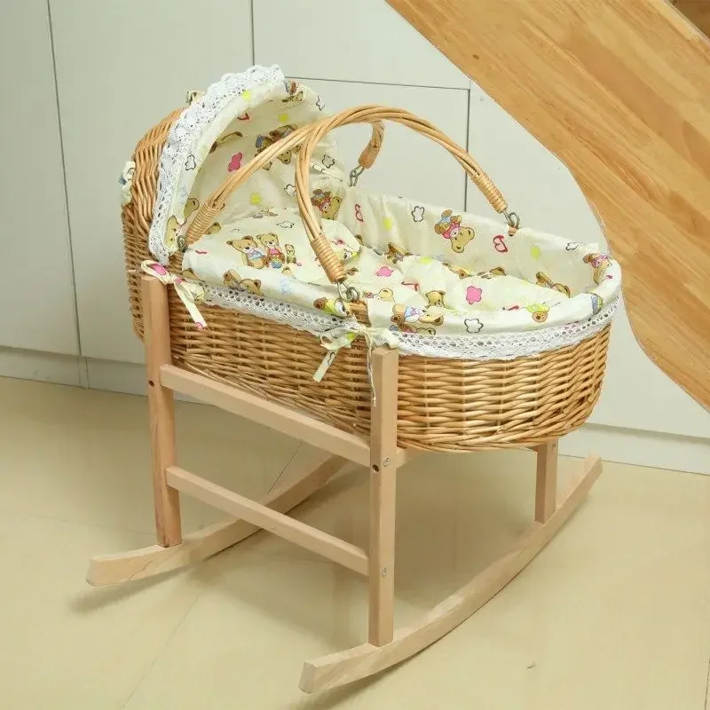 New Upgrade Wooden Portable Baby Cradle Bed with Roller Baby Rocker 360 Degree Rotating Wheel Newborn Baby Crib 0-24M