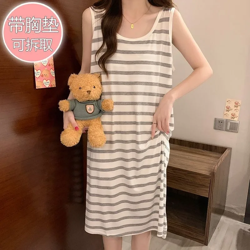 

5XL Plus Size Modal Cuasal Modal Pajamas Dress with Chest Pad Korean Students Loose Tank Dress Soft Sling Sleepwear Home Clothes