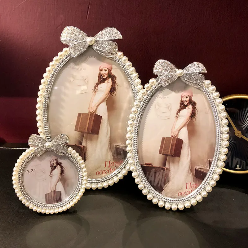 6/7Inch Elegant Crystal Pearl Bowknot Photo Frame Wedding Bridal Favor Metal Alloy Frames Home Decor Birthday Gifts XC019