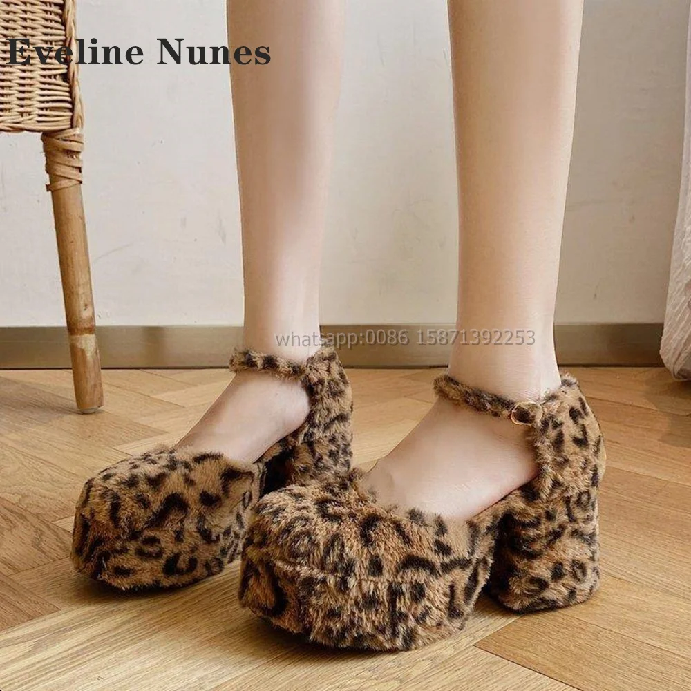 Leopard Platform Sexy Women Sandals Round Toe Height Increasing Buckle Strap Side Air Furry Fur Pumps Spicy Girl Casual Shoes