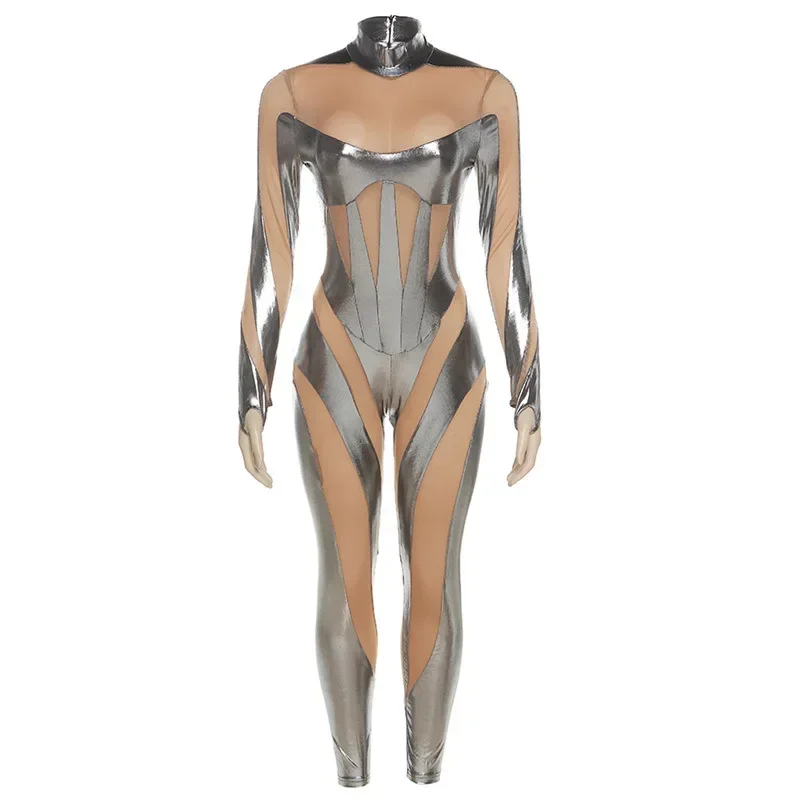 2024 nes Frauen Spiel Film engen Overall Alien Roboter Mesh hohlen Silber Streifen Bodysuit Cosplay Kostüme Halloween Kostüme Frauen