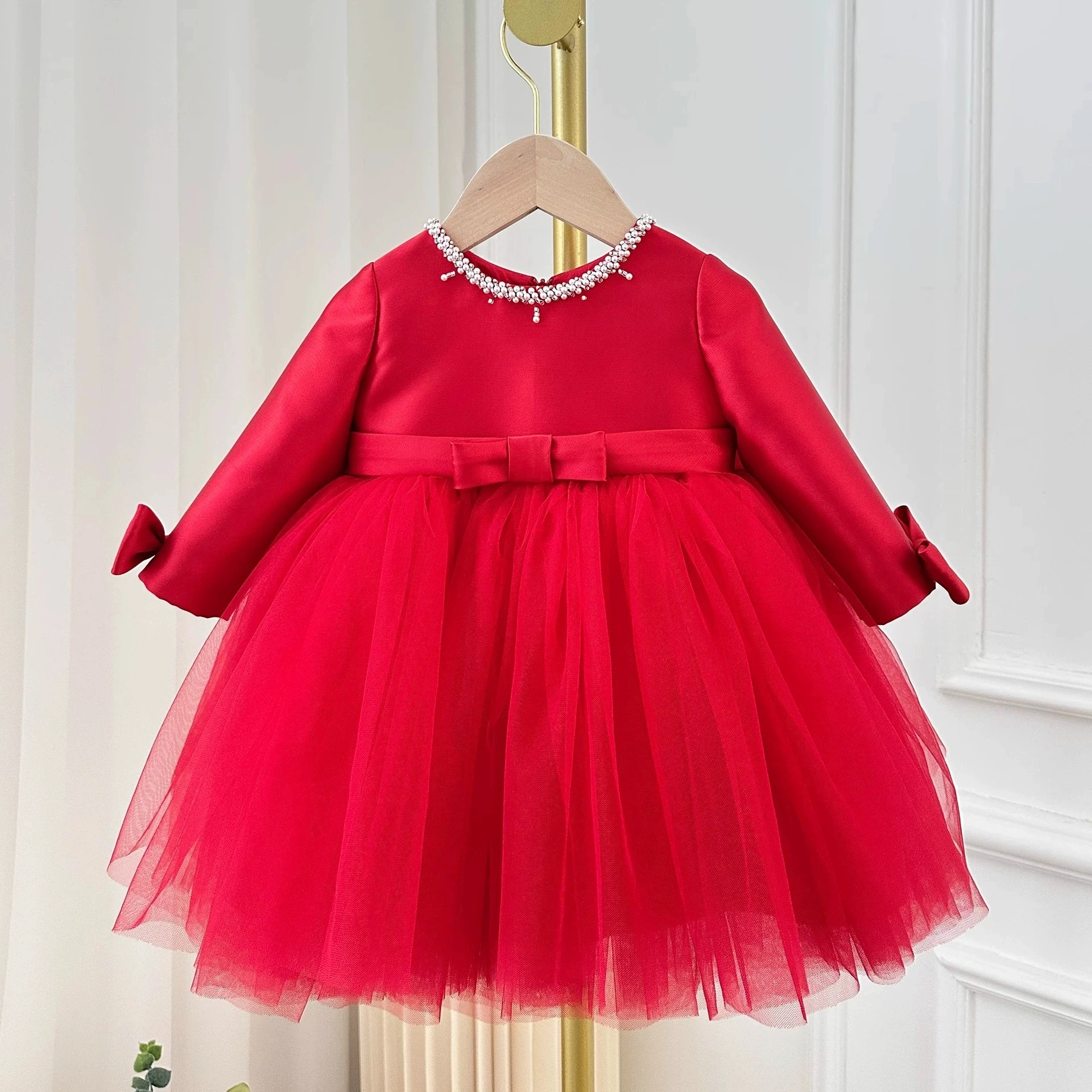 

2026 New Red Girls Birthday Party Dress Children Long Sleeve Simple Puffy Gown Kids Stage Performance Pageant Formal Celebration
