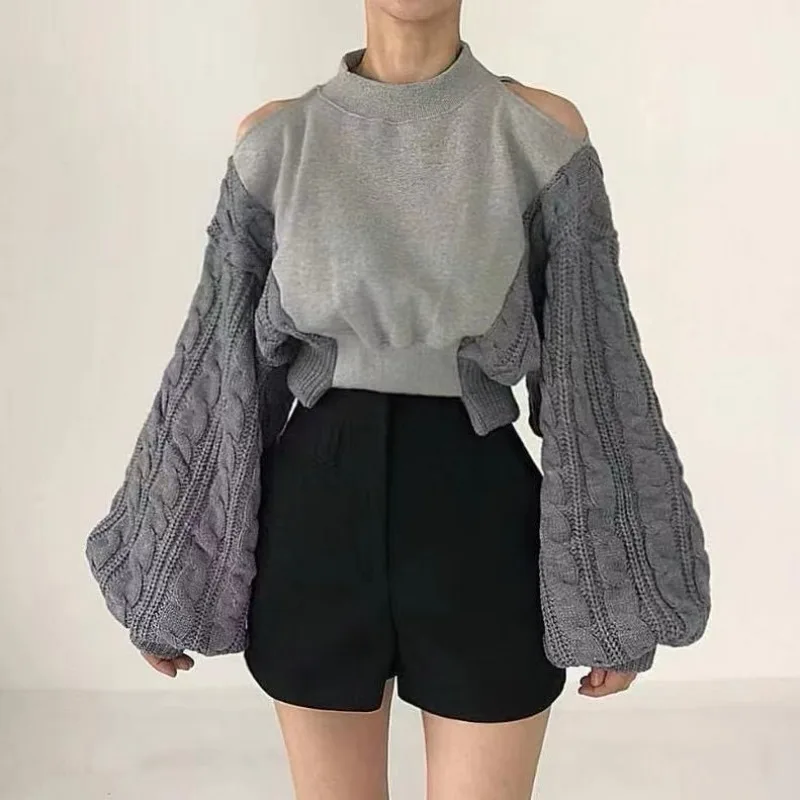 

Korean Chic Off Shoulder Knitted Patchwork Hoodie Women Vintage Lazy Style Half High Neck Lantern Sleeve Loose Sweatshirt Female