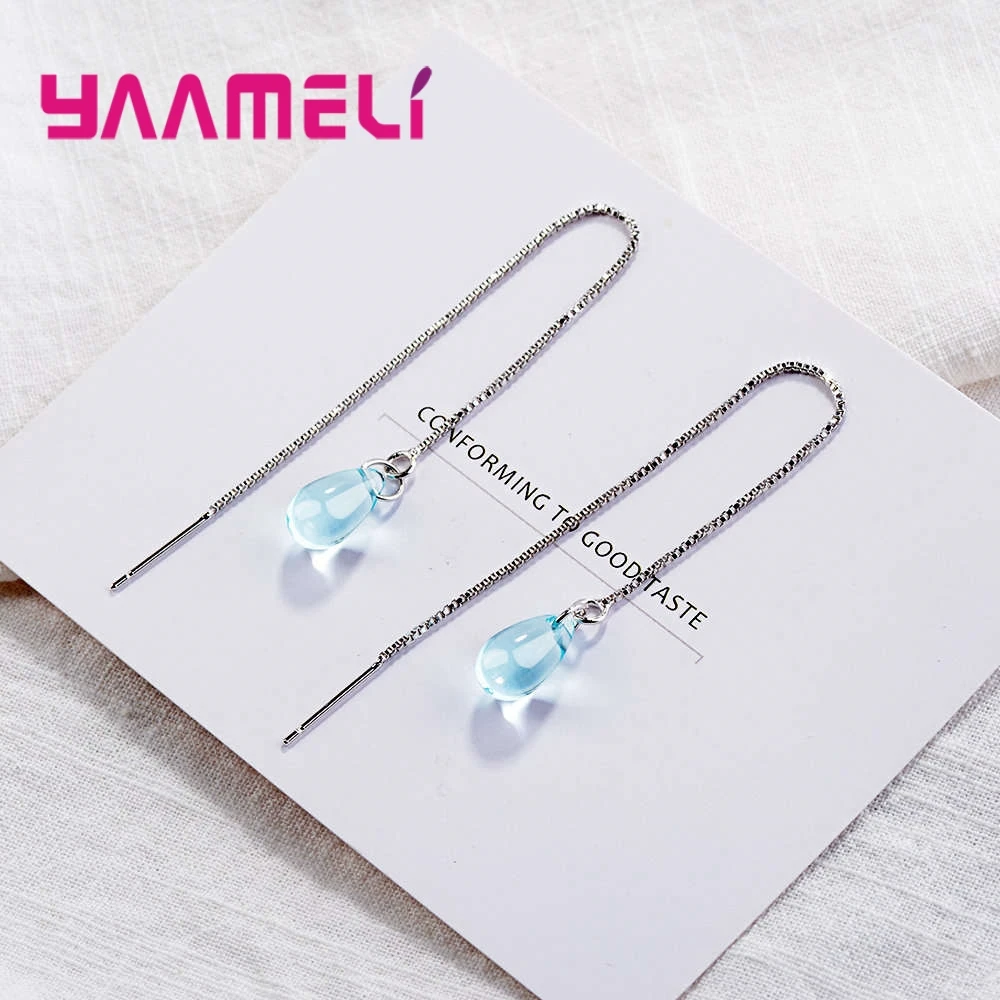 Simple 925 Sterling Silver Blue Water Drop Shape Cubic Zircon Crystal Drop Earrings for Women Girls Wedding Party Jewelry Gifts