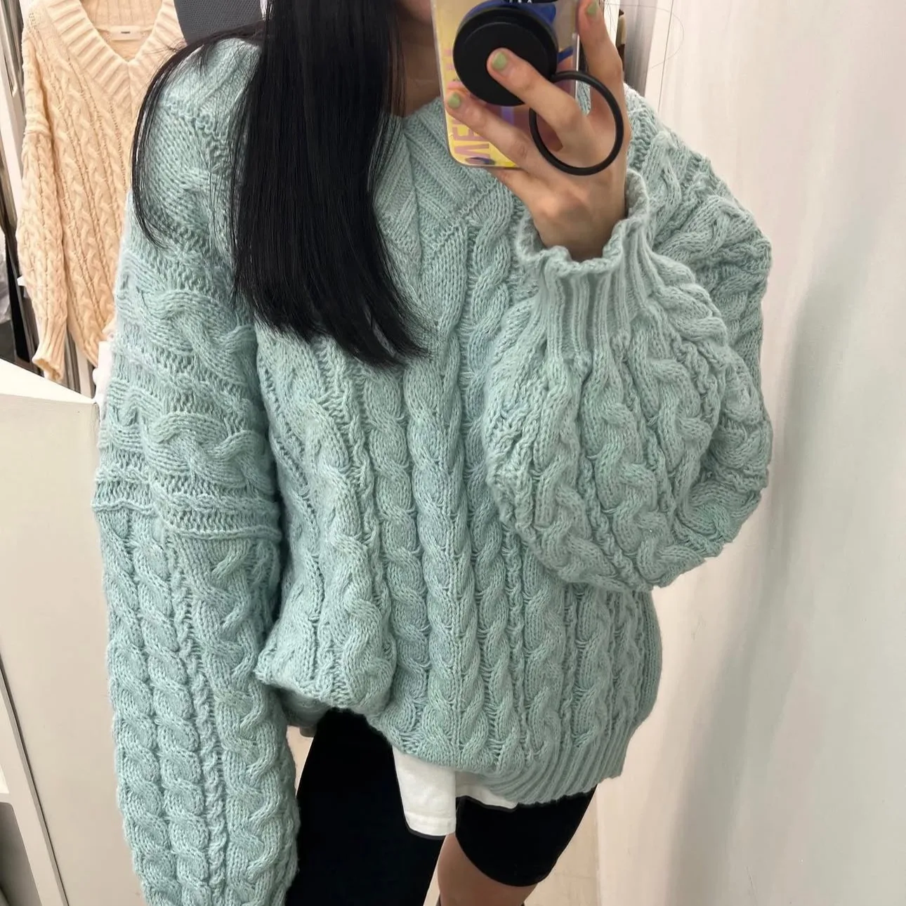 

Women's Knitted Sweater V-Ne Bubble Sve Loose Comfortable Overhead Top Faionable Twist Design Autumn Winter Faion