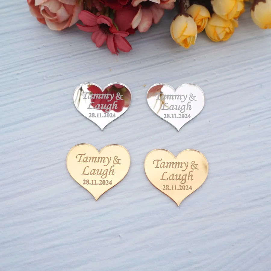 

20pcs Custom Name Sign Small Heart Tags Personalized Guest Gifts 2mm Thickness Acrylic Mirror Wedding Party Favors Decor