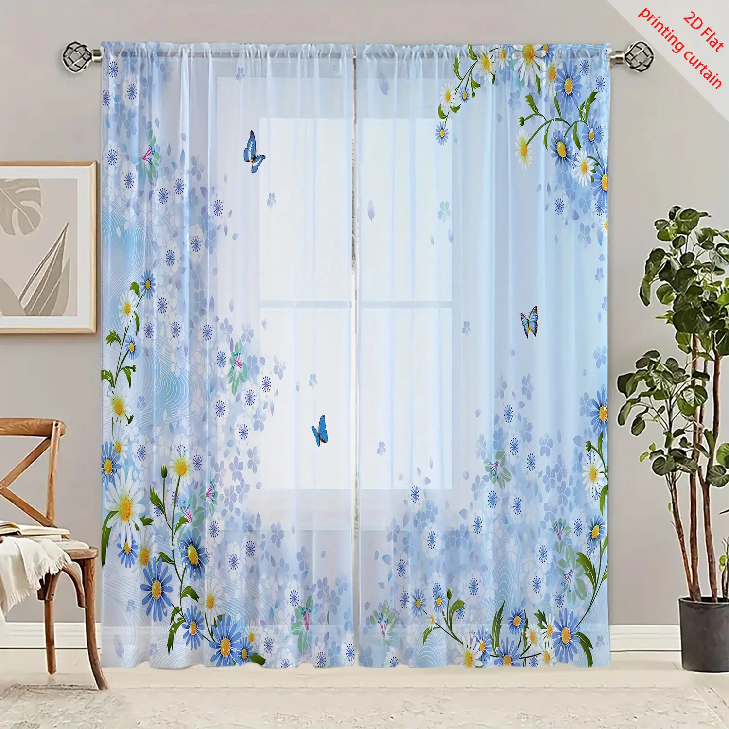 Flower, bird, butterfly printed transparent gauze curtain, romantic home, dormitory, bedroom, balcony, window decoration