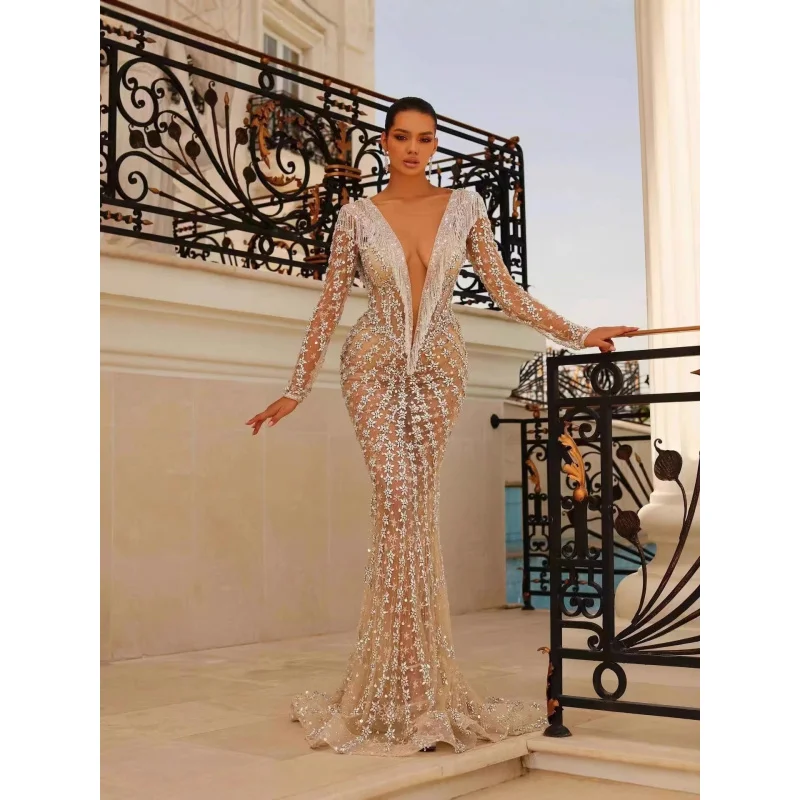 

New Arrival Women's Dress Sexy Long Sleeve Deep BacklessVElegant evening gown with heavy beading and tassels, bodycon fishtail d