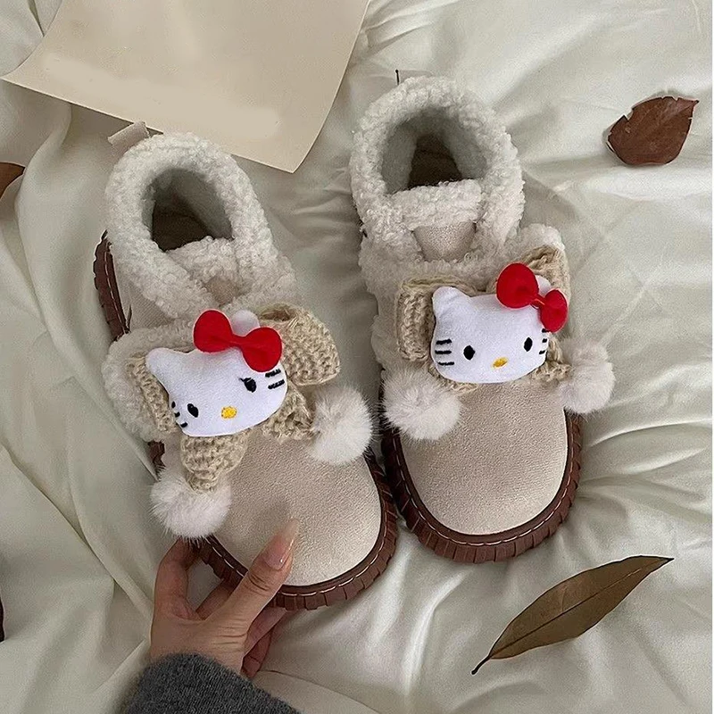

Sanrio Hello Kitty, зимние толстые и теплые хлопковые туфли с бархатом, универсальные зимние ботинки на толстой подошве с героями мультфильмов аниме, праздничный подарок