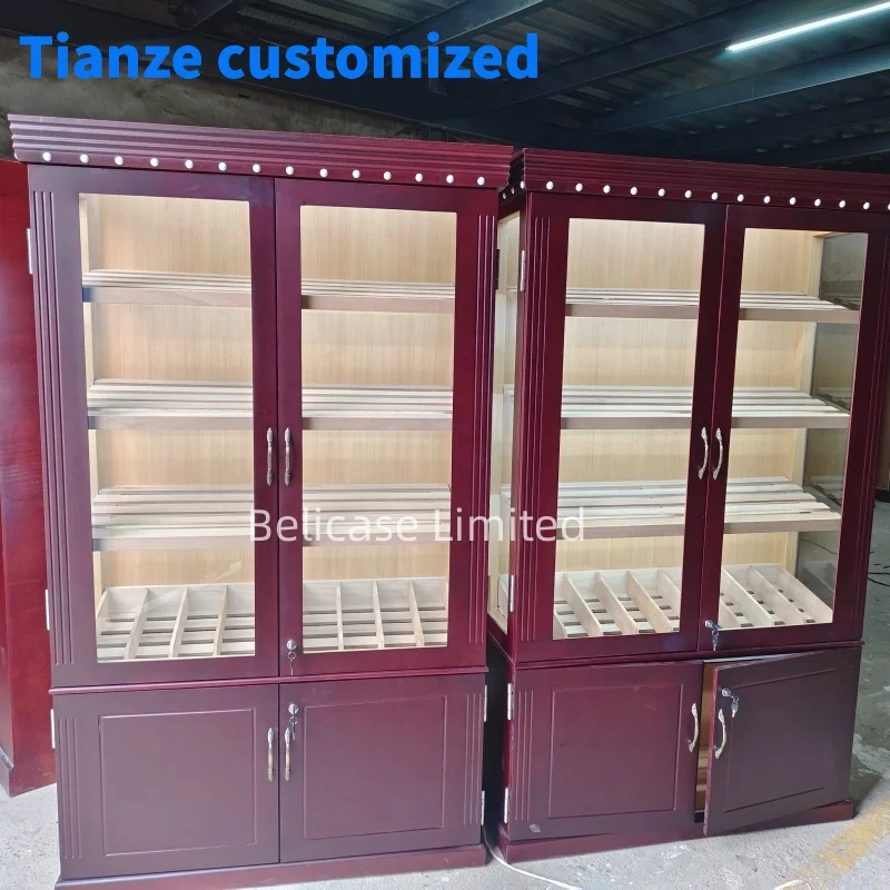 (customized)Good Quality Swing Door Cigar Cabinet Cigar Display MDF Smoke Store Fixture Humidors with Humidifier