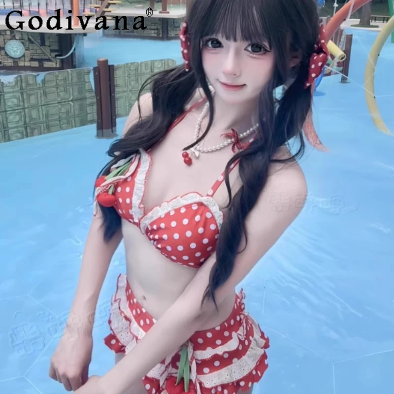 

Summer New Soft Girl Kawaii Two-Piece Swimsuit Japanese Style Girl's Lo Polka Dot Print Sweet Cute Swimwear Sexy Bikini Student