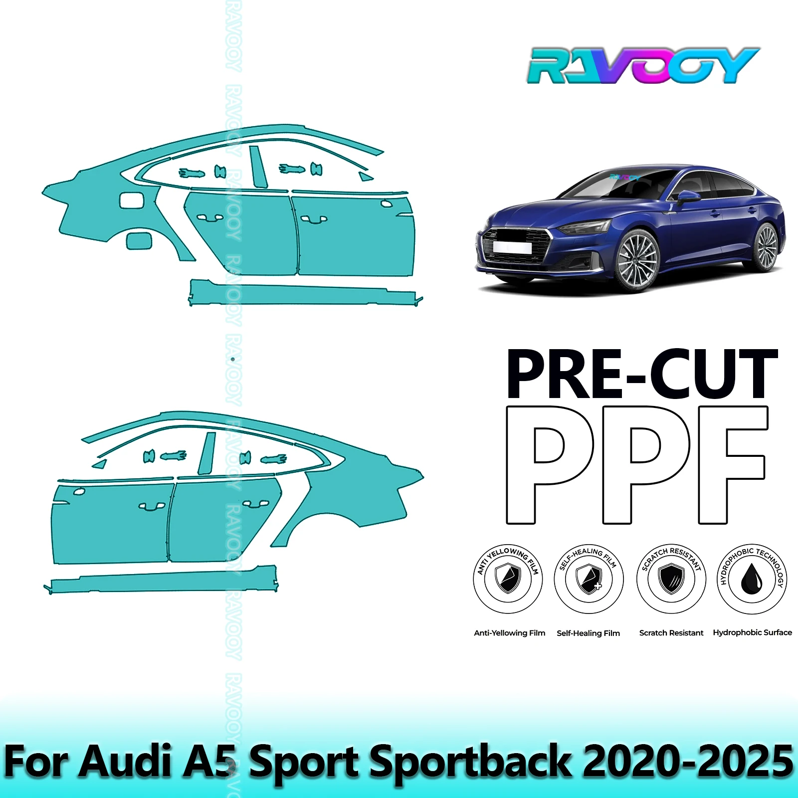 

For Audi A5 Sport Sportback 2020-2025 8.5mil Clear Matte Pre-Cut PPF Door & A/B Pillar Kit TPU Paint Protection Film Set