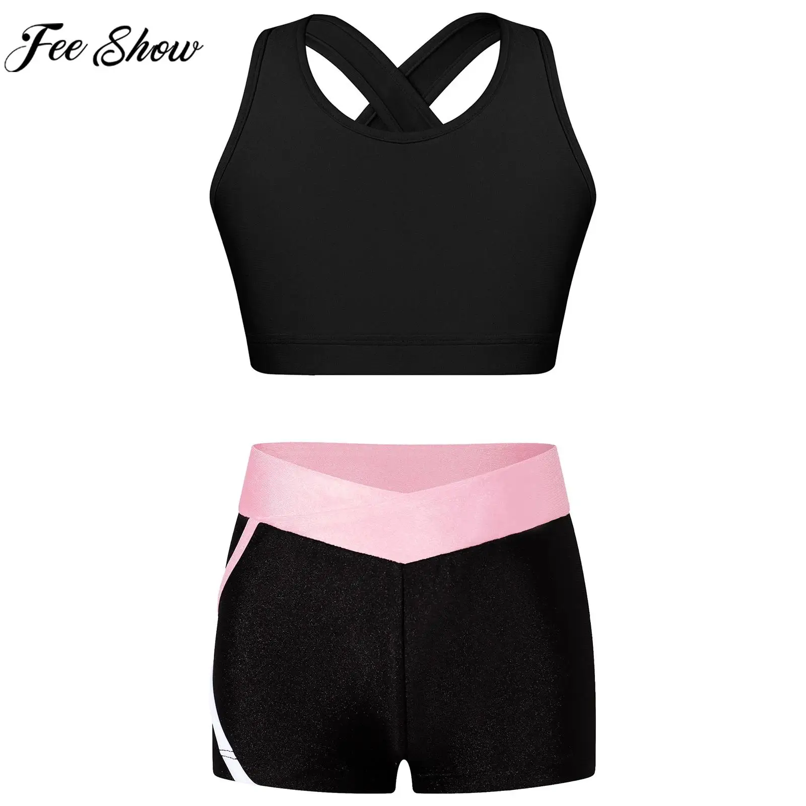 4-16Y Girls Sleeveless Cross Rear Crop Top with Low Rise Shorts Sports Set Gymnastics Yoga Fitness Workout Running Sportswear