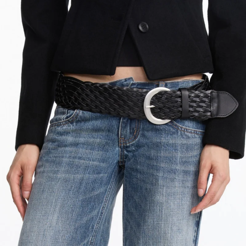 

Vintage Wide Braided Pu Leather Waist Belt Women Silver C Buckle Woven Casual Waistband Perfect For Denim Dresses And Jackets