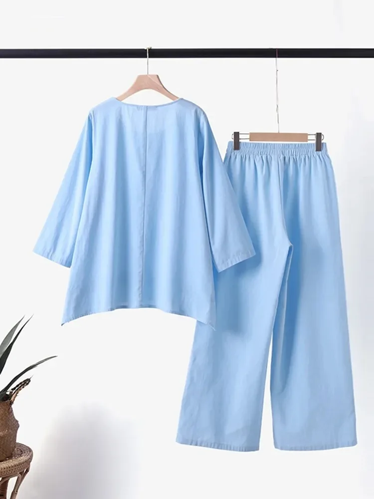 2024 Summer New Cotton and Hemp Women\'s Two Piece Set with Round Neck Loose Long Sleeved Top High Waist Wide Leg Pants Set