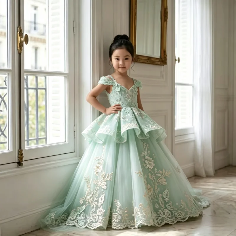 Lace Embroidery Flower Girl Dress Off Shoulder Sweetheart Neck Kids Wedding Bridesmaid Baptism Birthday Pageant Formal Outfit