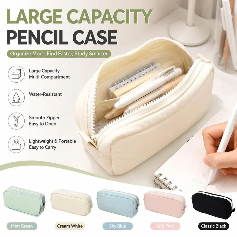 Square Large Storage Pencil Case Separate Double Inner Dividers Wide Top Zipper Pink Blue White Portable Stationery Bag