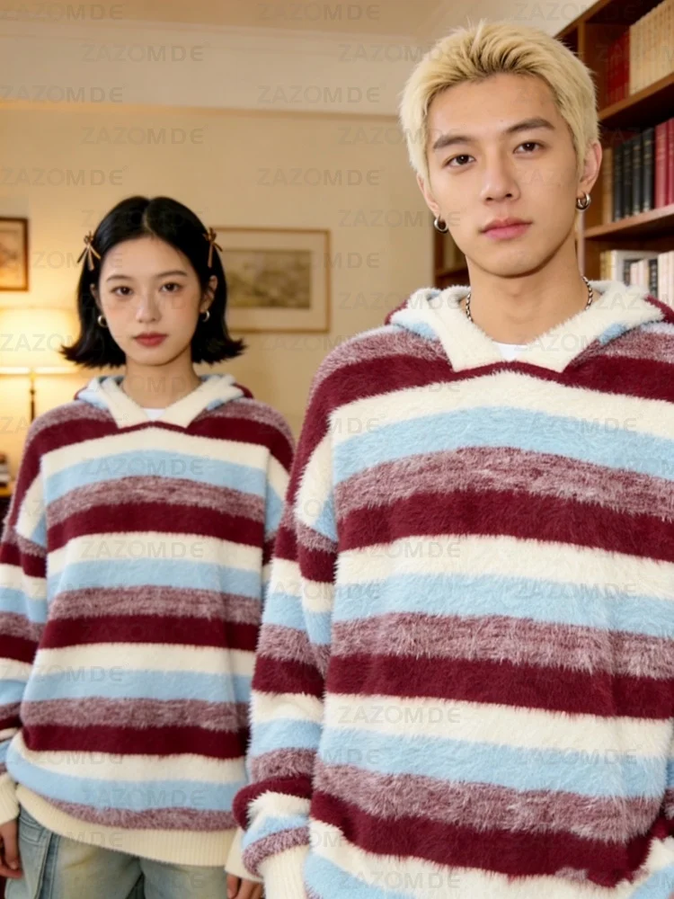 ZAZOMDEUnisex الأحمر مخطط معطف بقلنسوة رجل إمرأة عادية الشارع الشهير متماسكة البلوز مزيج القطن الناعم للأزياء الحضرية اليومية