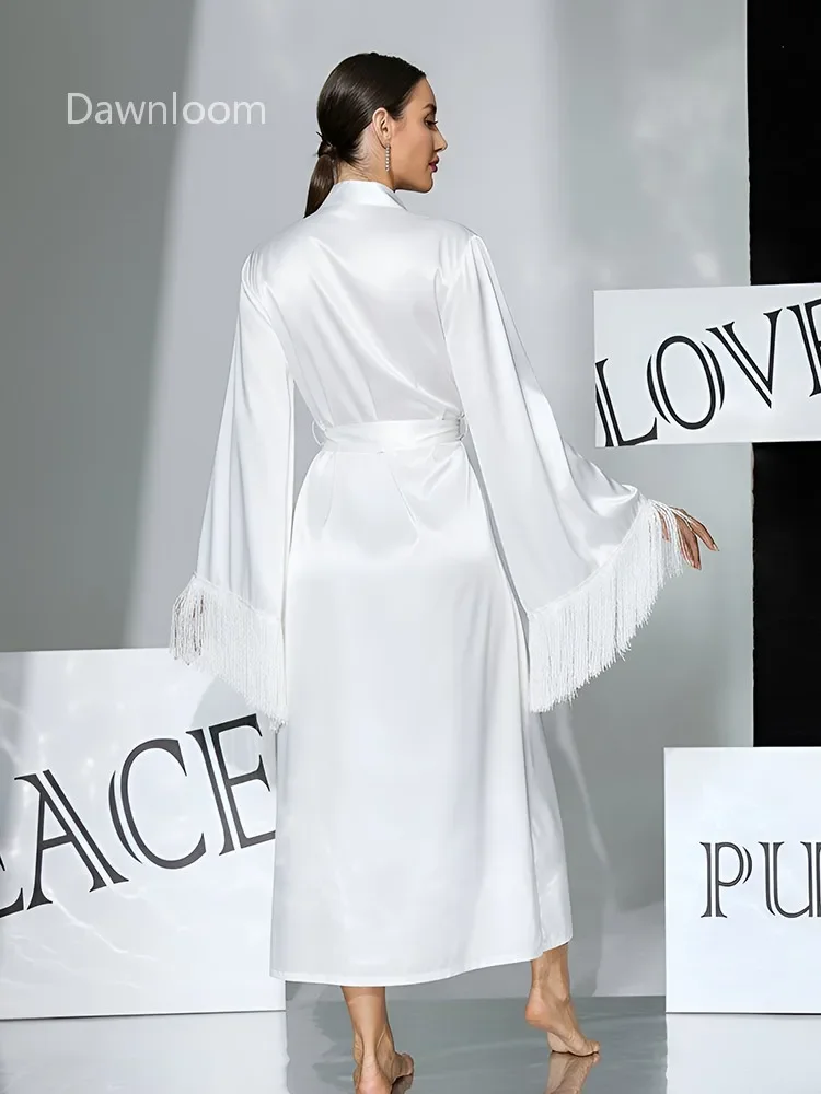 Dawnloom White Satin Fringed Flared-Sleeve Tie-Waist Long Robe for Women Luxury Elegant Wedding Morning Gown Home Loungewear
