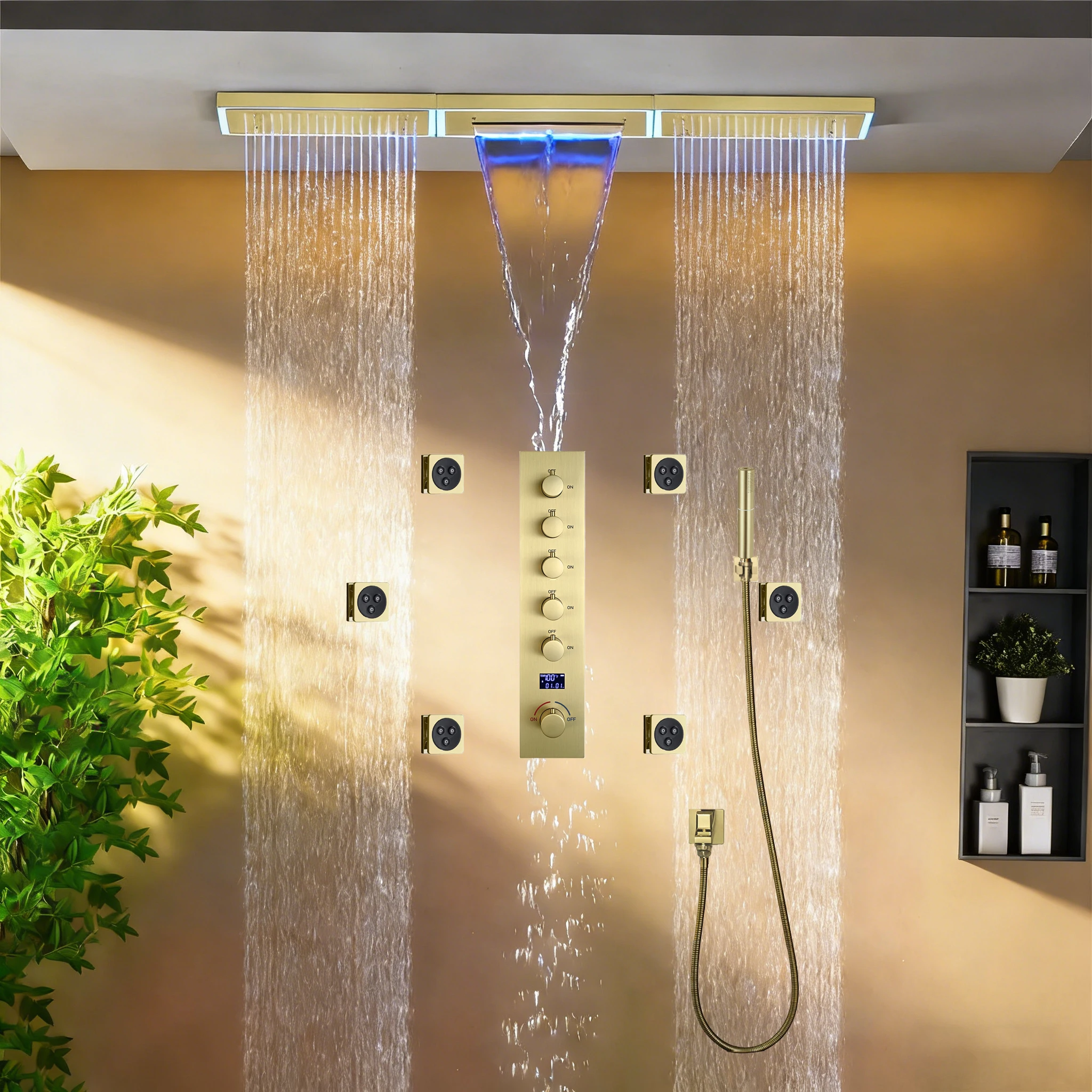 Qlonn Luxuriou 5 Functions Hot Cold Shower Set Bathroom Embeded Ceiling 1200*200mm LED Lighting Shower Head Massage Body Jet