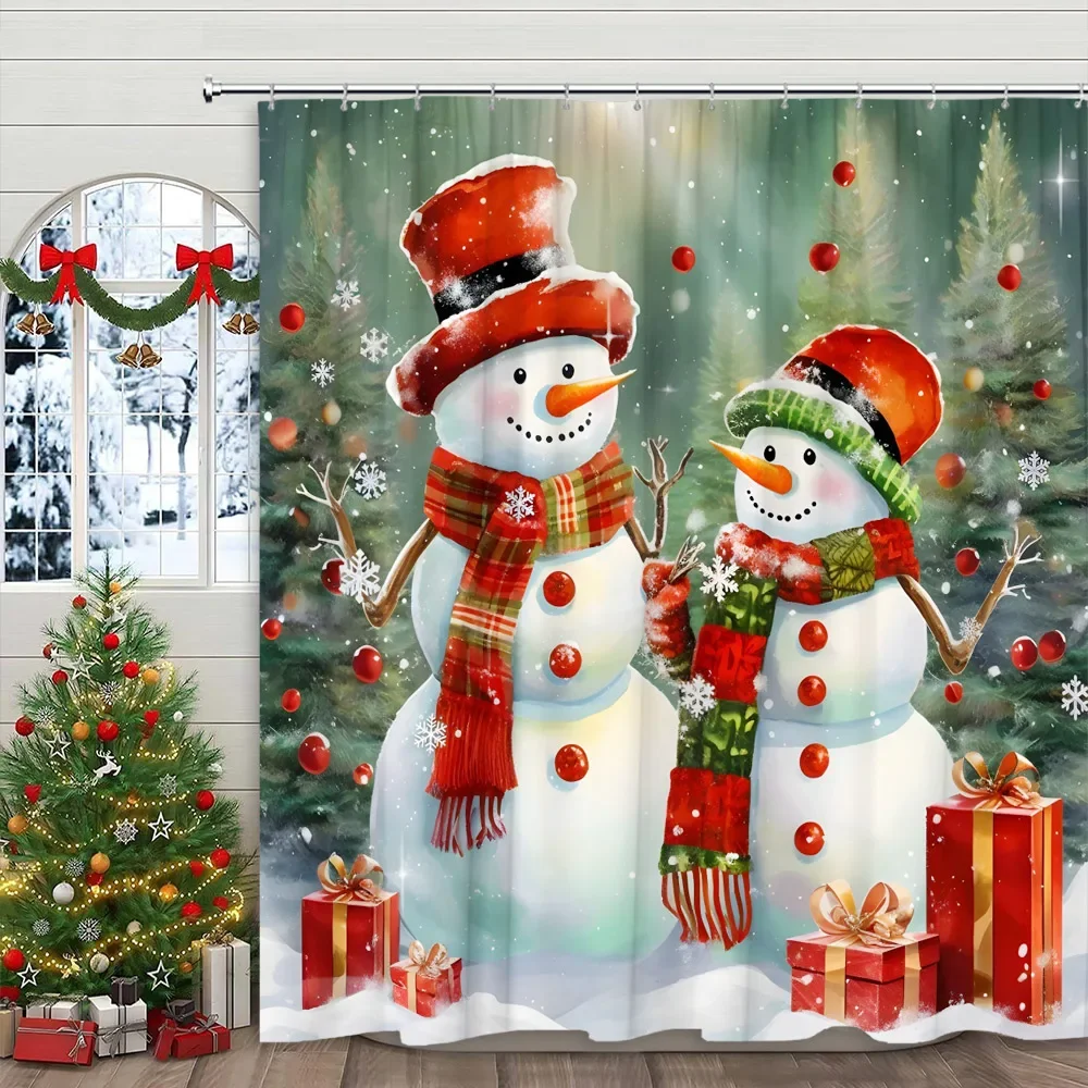 

Snowman Shower Curtain Christmas Winter Farm Gift Cartoon Botanical Red Berry Bird Home Polyester Fabric Bathroom Decor Curtains