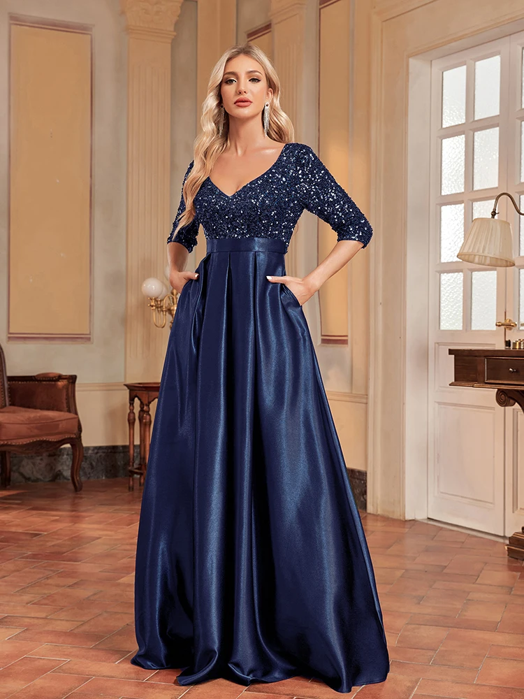 XUIBOL Elegant Short Sleeve Sequins Evening Dress Women 2024 Satin Prom Party Blue Vneck Dress Floor Length Formal Cocktail Gown