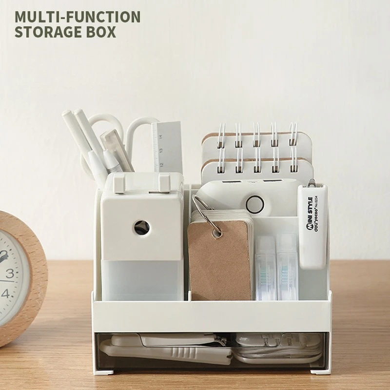 Multi Compartment Desk Organizer with Clear Drawer, Plastic Stationery Storage Caddy Pen Holder for Office School Home