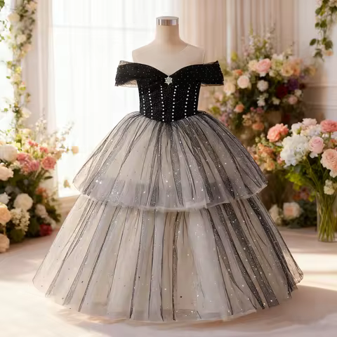 Children's Evening Dress Princess Dress Simple Elegant Outfit for Cat Shows Piano Performances, and Host Events